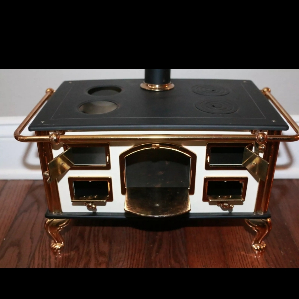 Vintage large doll wood stove black / gold tone trim approx 14x8x8" - Picture 7 of 8